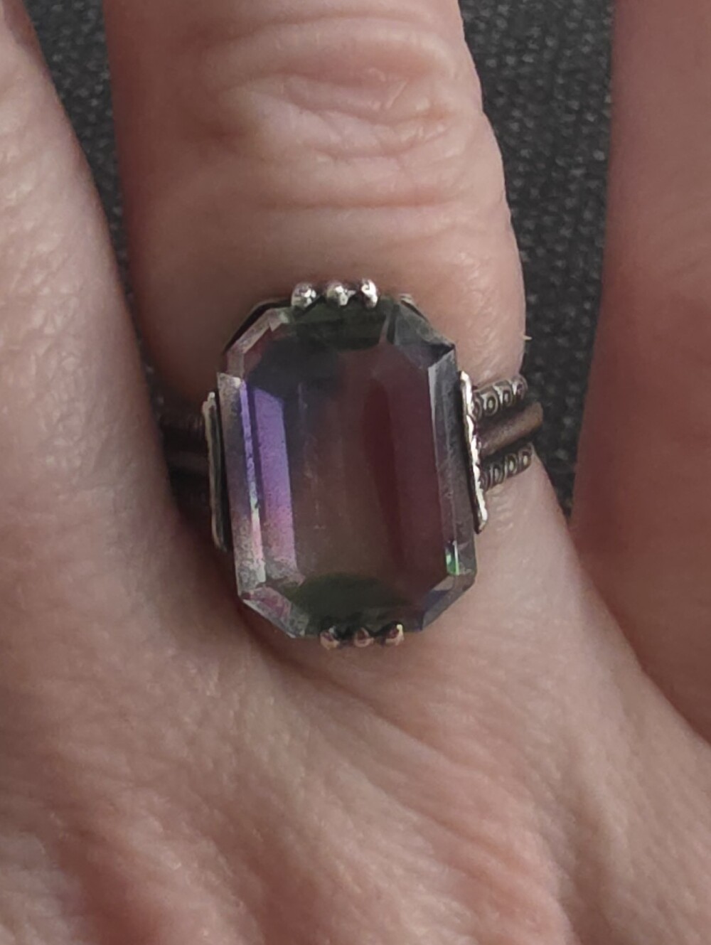 Emerald-Cut Iris Glass Cocktail Ring in Purple-Green-Pink